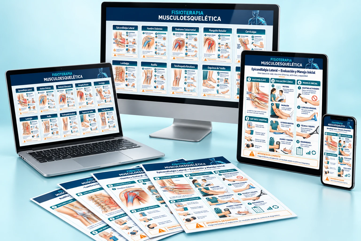 Colección de mapas de fisioterapia presentada en ordenador, portátil, tablet y teléfono